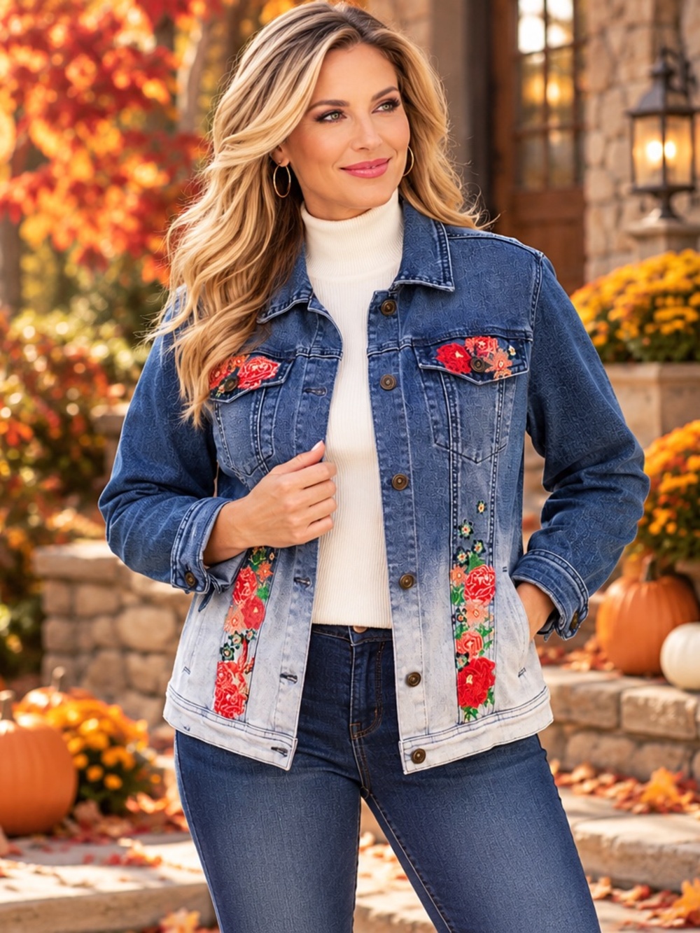 DG2 Diane Gilman Floral Embroidered Ombre Stretch Denim Jacket Signature XL NWT